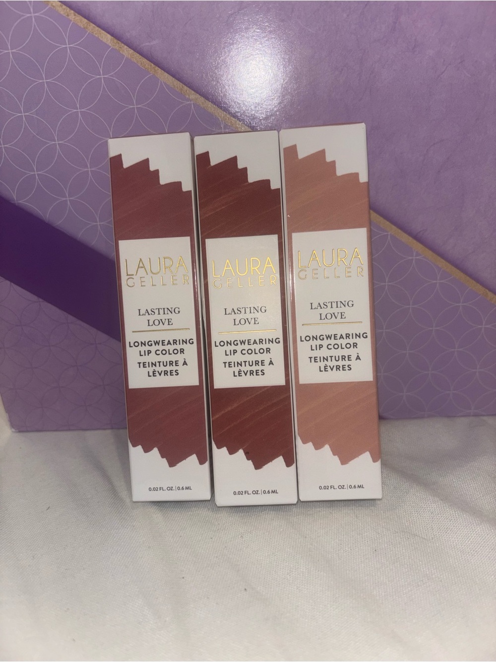 NIB Laura Geller Lasting Love Lip Stain 3-PC Set Mauve Buff Ginger Makeup Set
